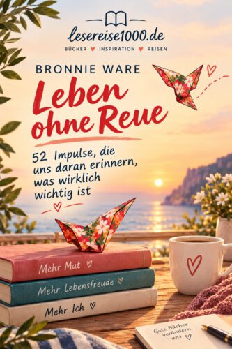 Illustration mit dem Buchtitel „Leben ohne Reue“ von Bronnie Ware, Bücherstapel, Origami-Vögeln und Kaffeetasse vor einem Sonnenuntergang am Meer (KI-generiert)